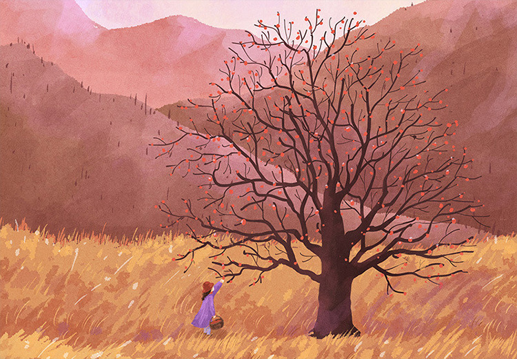春去秋来 等一树花开-一年四季的色彩手绘插画