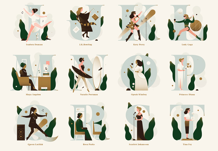 24字母诠释24位时代非凡女性插画设计
