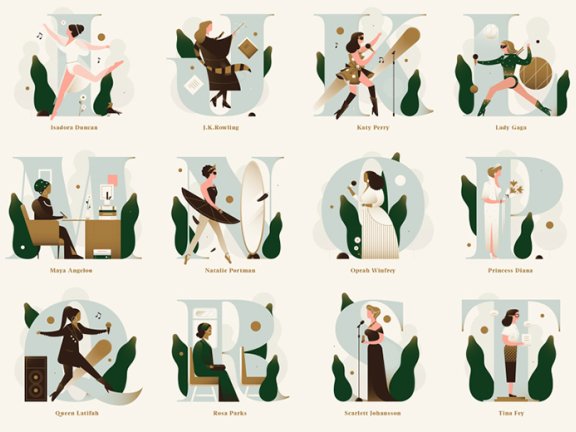 24字母诠释24位时代非凡女性插画设计